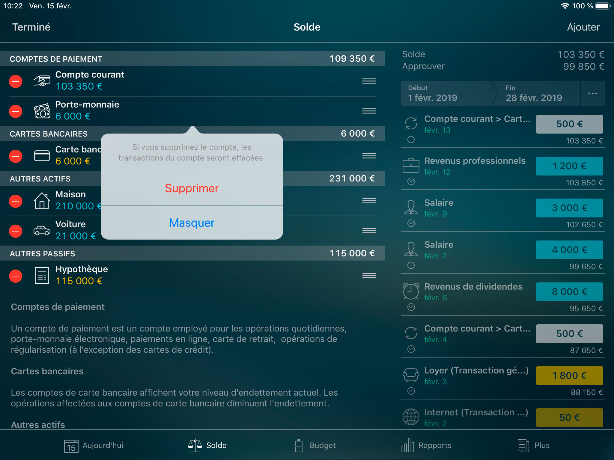 Money Tracker - Supprimer un compte - iPad