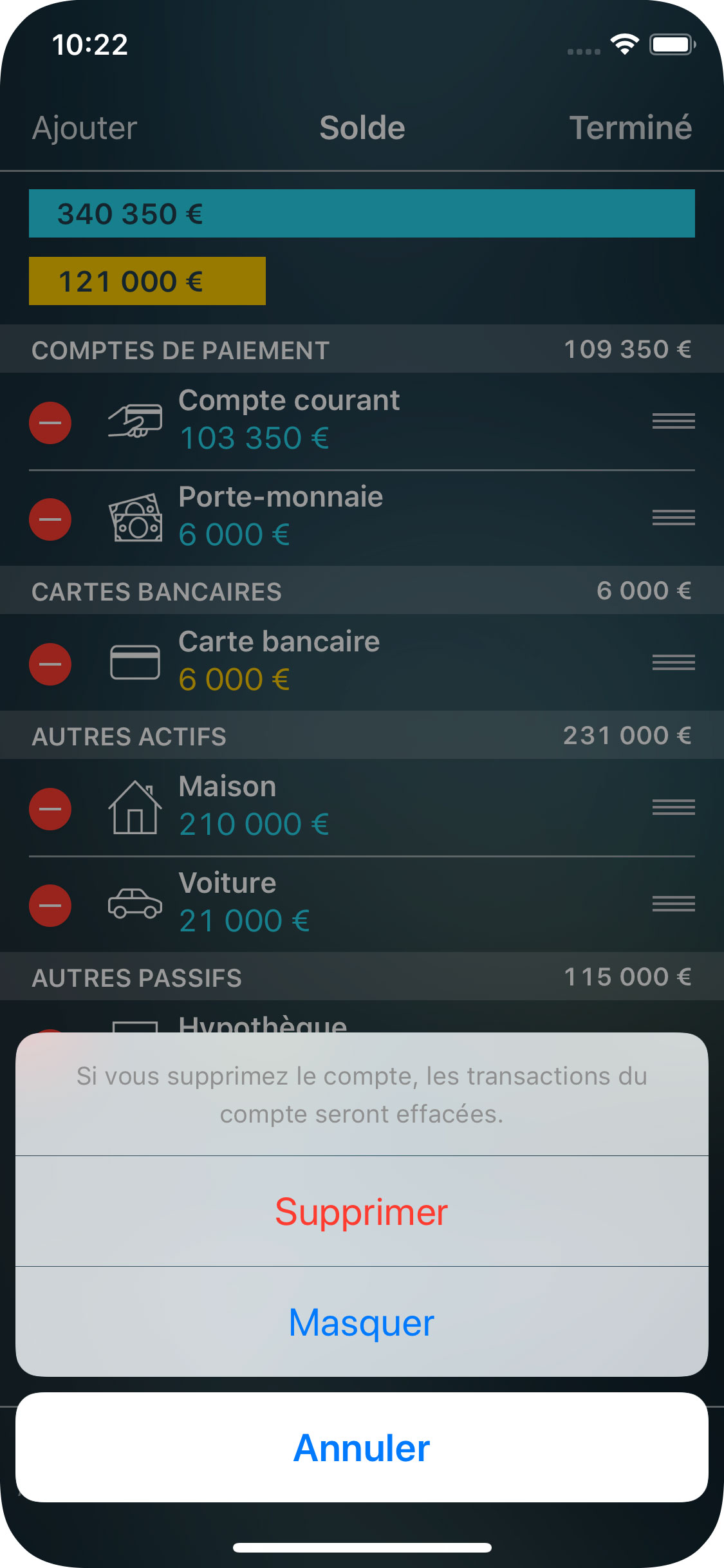 Money Tracker - Supprimer un compte - iPhone