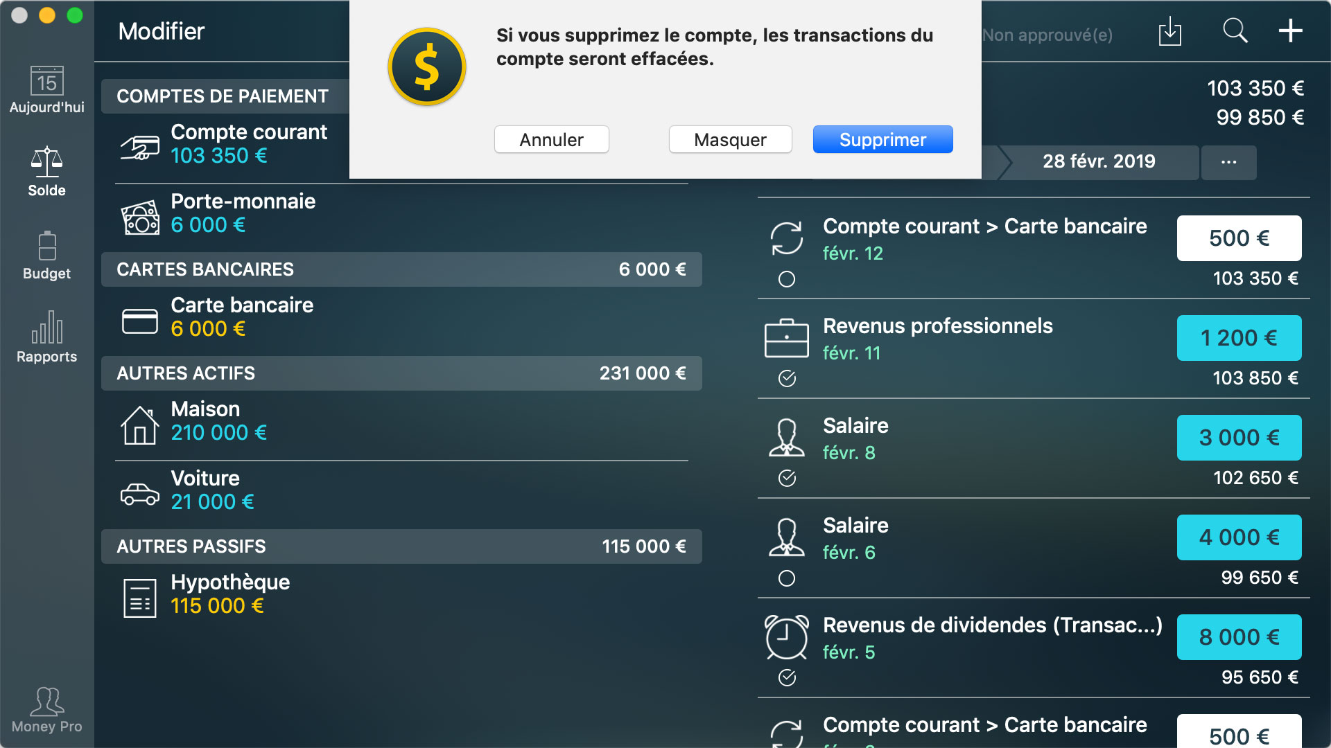 Money Tracker - Supprimer un compte - Mac